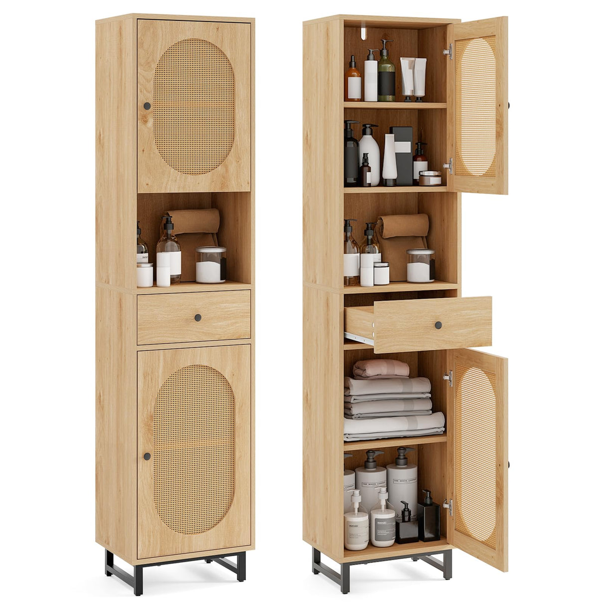 Tangkula 67" Tall Bathroom Storage Cabinet, Narrow Rattan Linen Tower with Doors, Adjustable Shelves & Drawer, Freestanding Floor Cabinet for Living Room, Kitchen, Dining Room, Office, Natural Tangkula