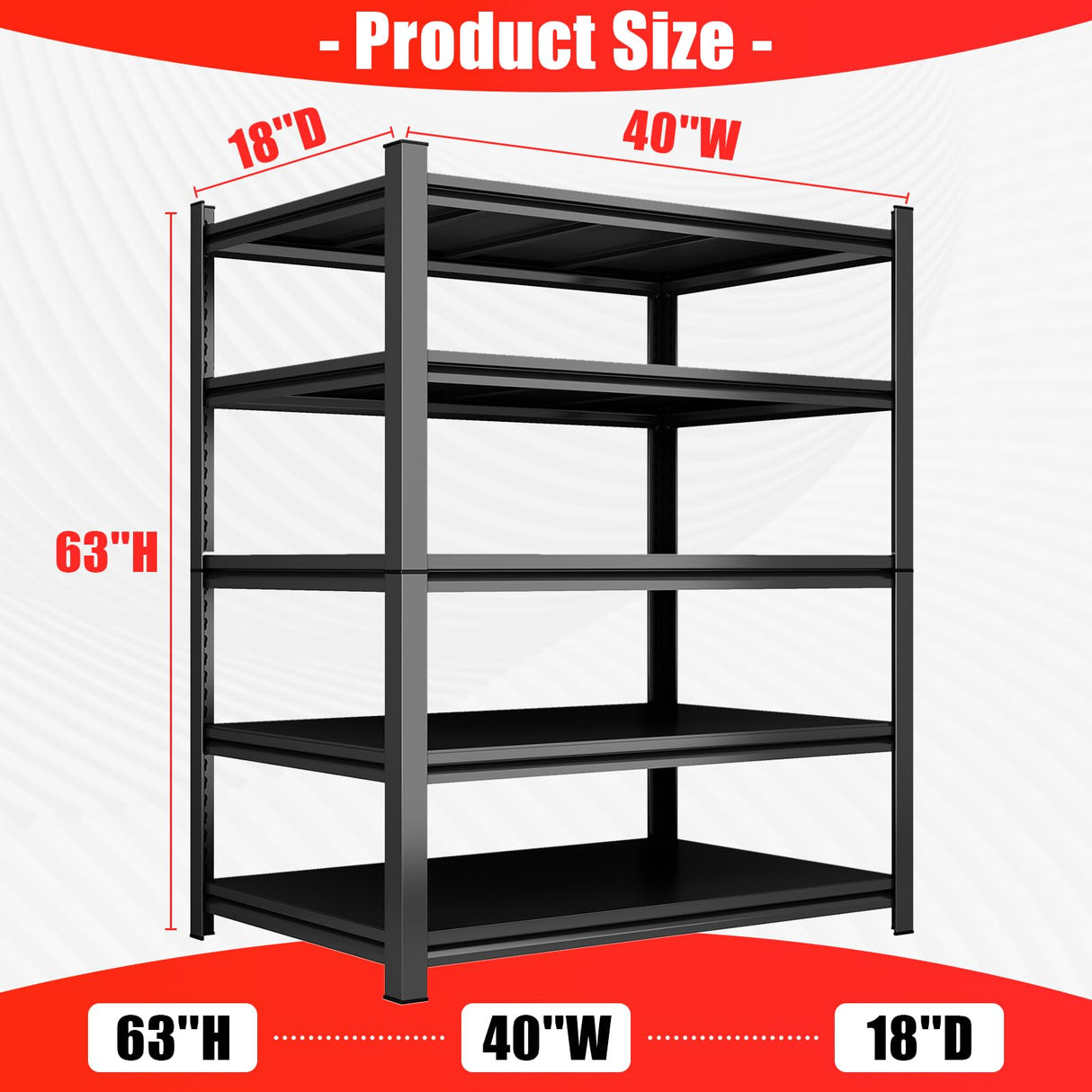 63''H Garage Shelves Heavy Duty Garage Shelving Units, 3000 LBS Capacity Industrial Shelving, Detachable and Adjustable 5-Tier Metal Storage Shelves for Warehouse, Basement, Black (63''H×40''W×18''D) ErgoNova