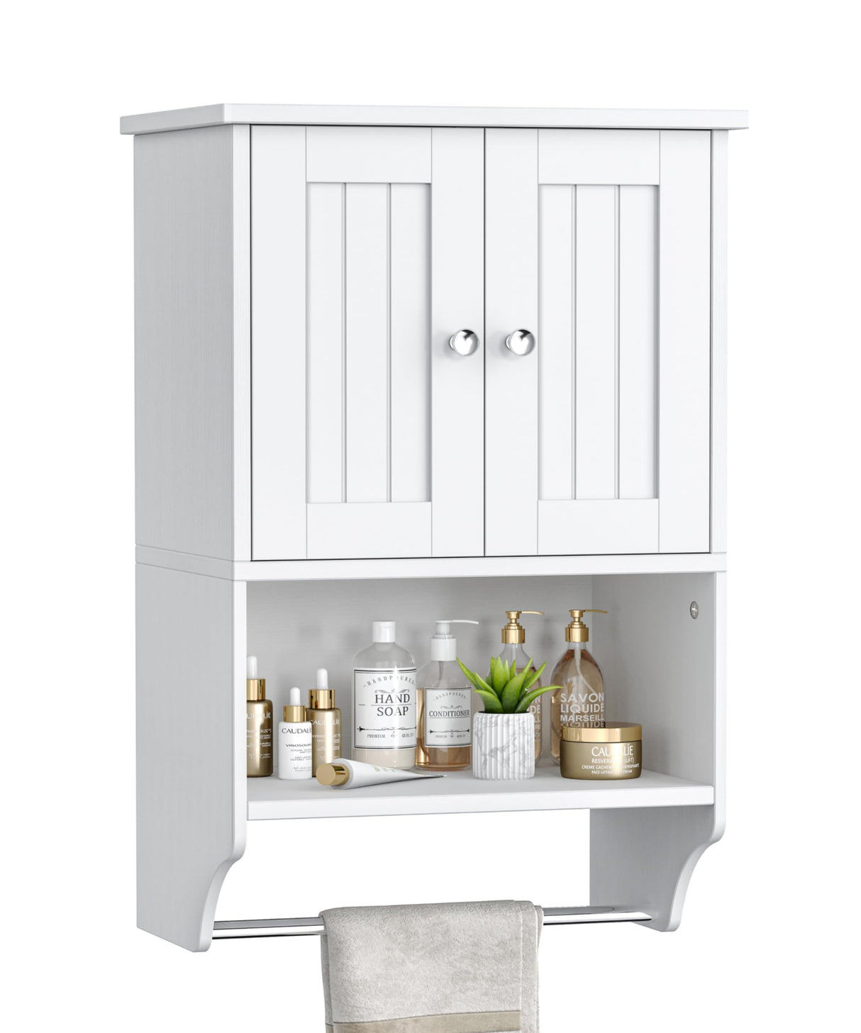 Irontar Small Medicine Cabinet with Towel Bar, Modern Bathroom Wall Cabinet with 2 Lined Doors, Over the Toilet Storage Cabinet with Adjustable Shelf, for Bathroom, Living Room, Kitchen, White CWG018W Irontar