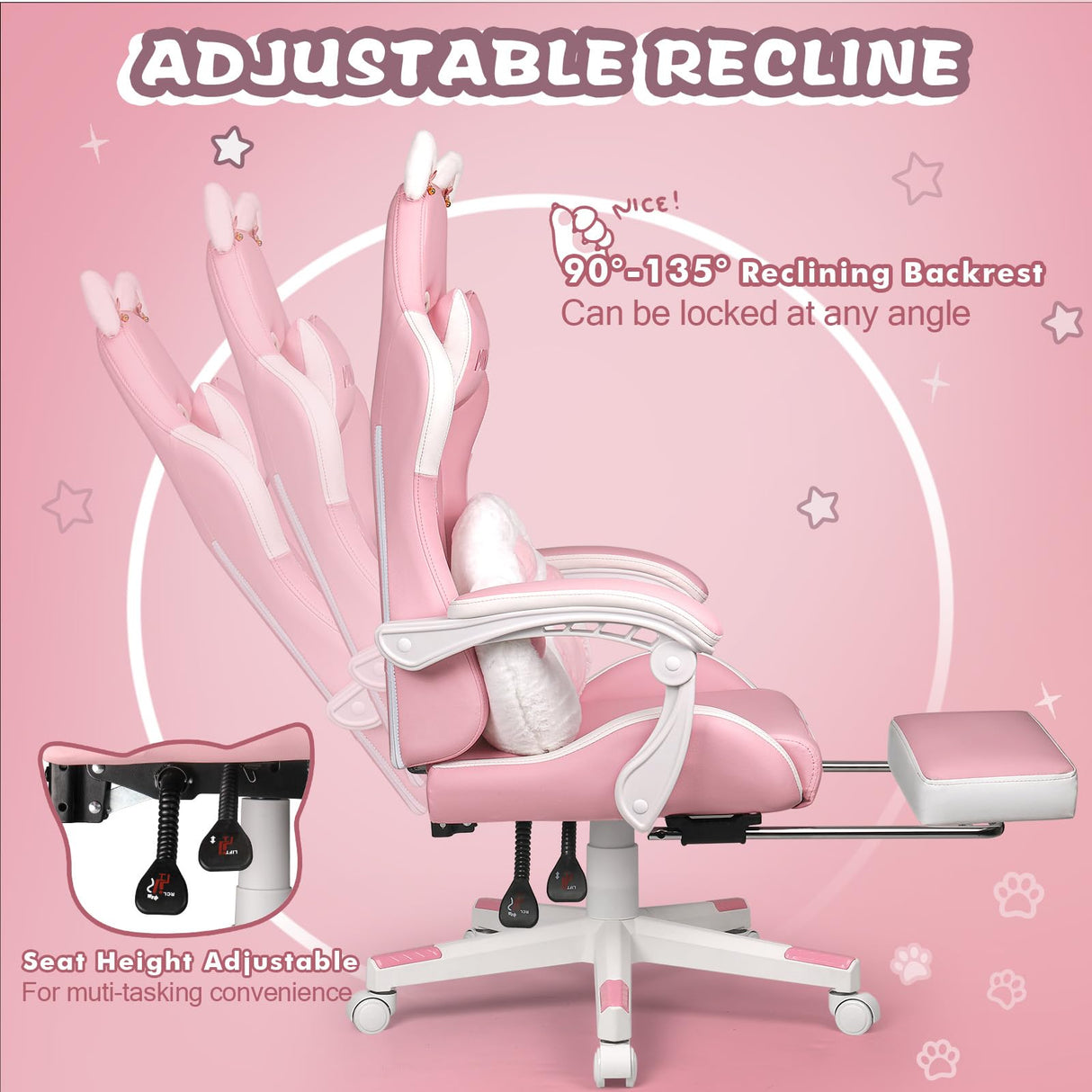 PUKAMI Pink Gaming Chair with Cat Ears and Cat Paw Cushion Pillow,Cute Computer Chair for Girl with Footrest,Ergonomic Gamer Chair, Kawaii Gaming Chair,Reclining Game Chair(Pink) PUKAMI