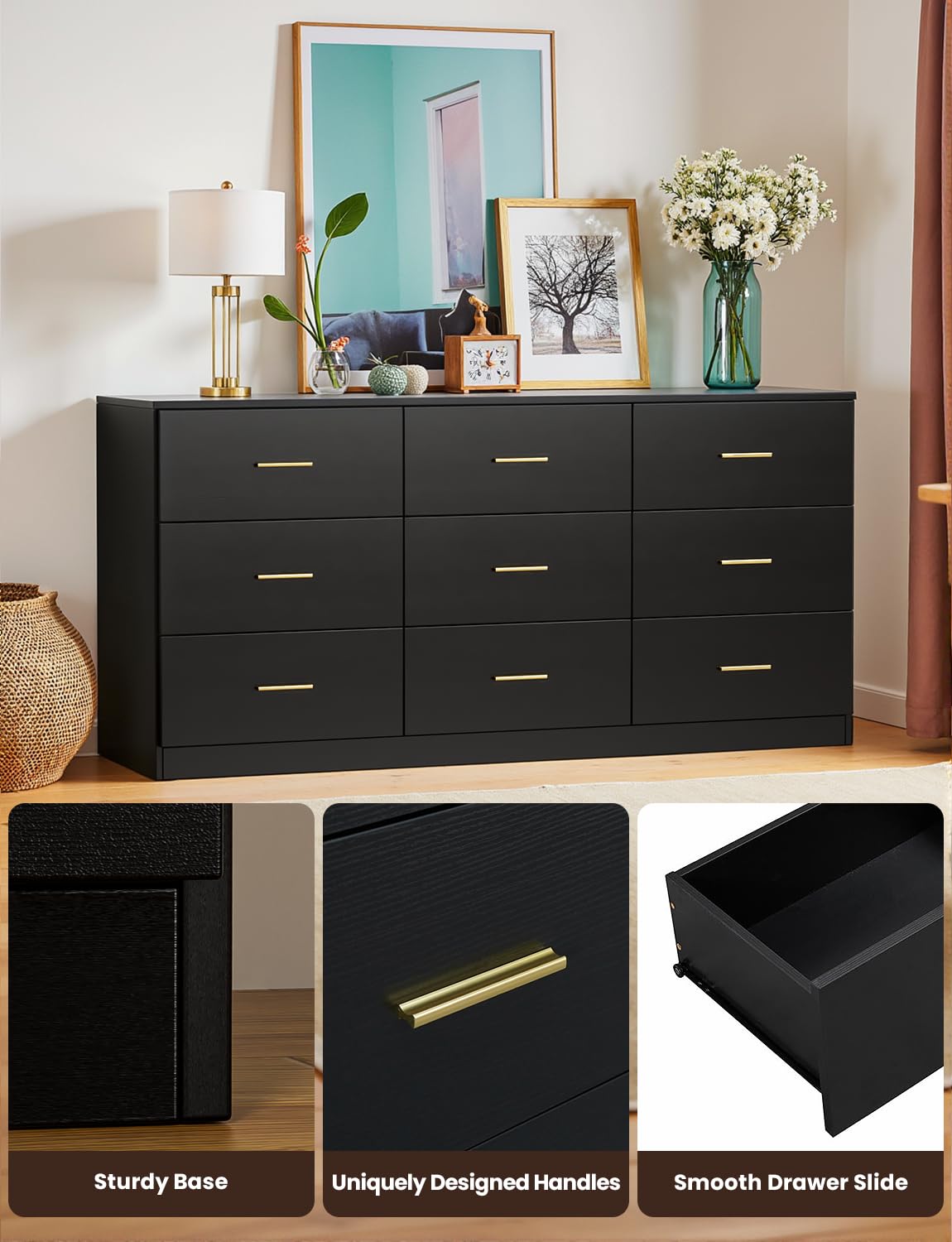 Miscoos 9 Drawer Dresser, 62.9" Large Deep Chest of Drawers,Wooden Dresser Storage Cabinet with 9 Drawers for Bedroom, Long Black Dressers for Living Room, Hallway,Nursery oumebiu