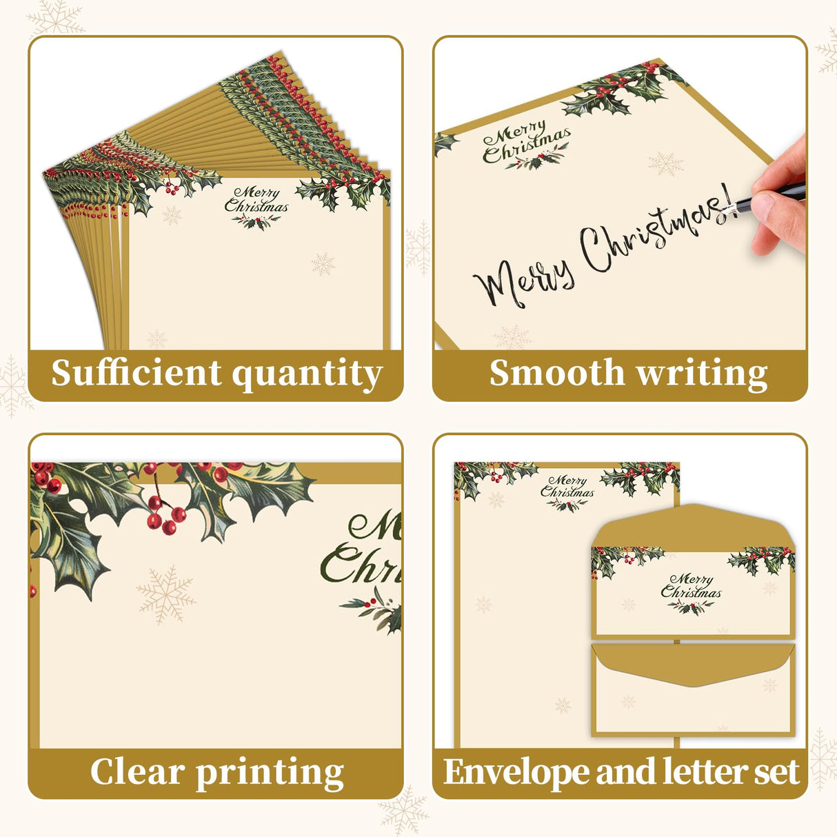 Lonfliness 50 Sets Vintage Christmas Holly Letterhead with Envelopes Christmas Border Computer Stationery paper for Note Letters to Santa Holiday Printer Paper Invitations Office School 8.5 x 11 In Lonfliness