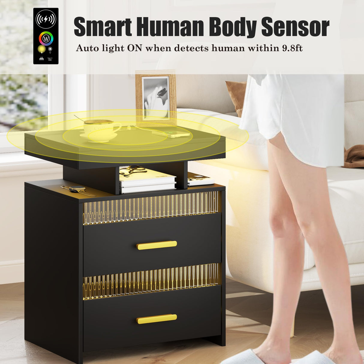 Nightstand with Charging Station and LED Lights, Night Stand with 2 Drawers, Wood Smart Bedside Table, Modern Bed Side Table for Bedroom, Black QPLZF