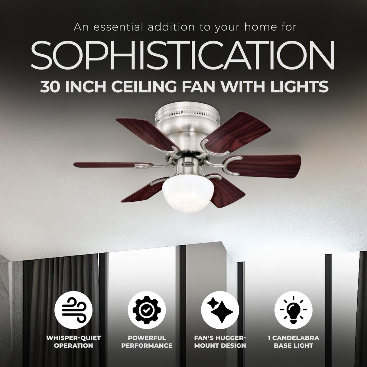 Westinghouse Hadley 30 Inch Brushed Nickel Finish Ceiling Fan with 6 Reversible Blades and Bowl Light Kit with 1 Candelabra Base Light Bulb Westinghouse