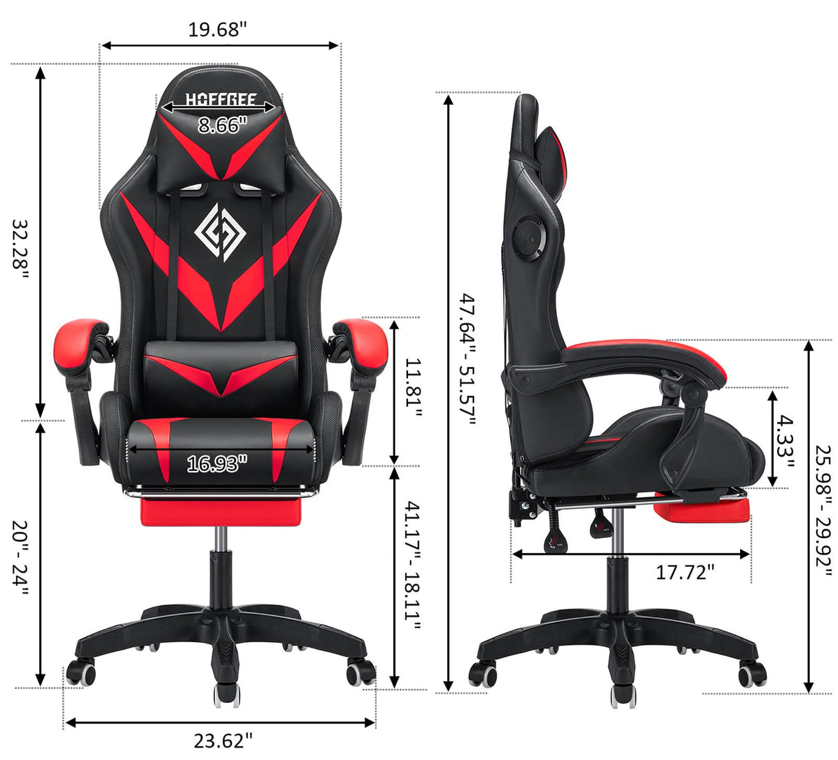 HOFFREE Gaming Chair Massage with Bluetooth Speakers and Led Lights Ergonomic Computer Gaming Chair with Footrest RGB Video Game Chair with High Back Lumbar Support Red and Black HOFFREE