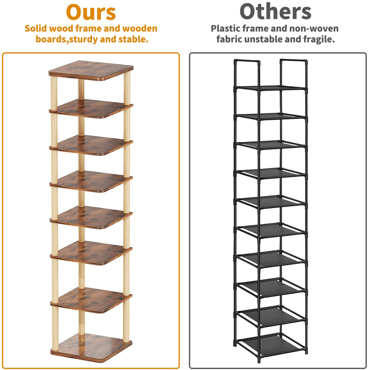 LUCKNOCK Vertical Shoe Rack, 8-Tier Tall Narrow Shoe Organizer for Entryway, Closet, Dorm & Small Spaces, Freestanding Wooden Shoe Shelf Tower for Boots, Sneakers, Heels. (Rustic Brown) LUCKNOCK