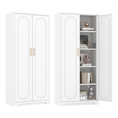 Metal Storage Cabinet with 4 Adjustable Shelves, 71" Tall Kitchen Storage Cabinet with Gold Handles, White Pantry Cabinets, Storage Cabinets for Home Office, Living Room, Hallway - Assembly Required