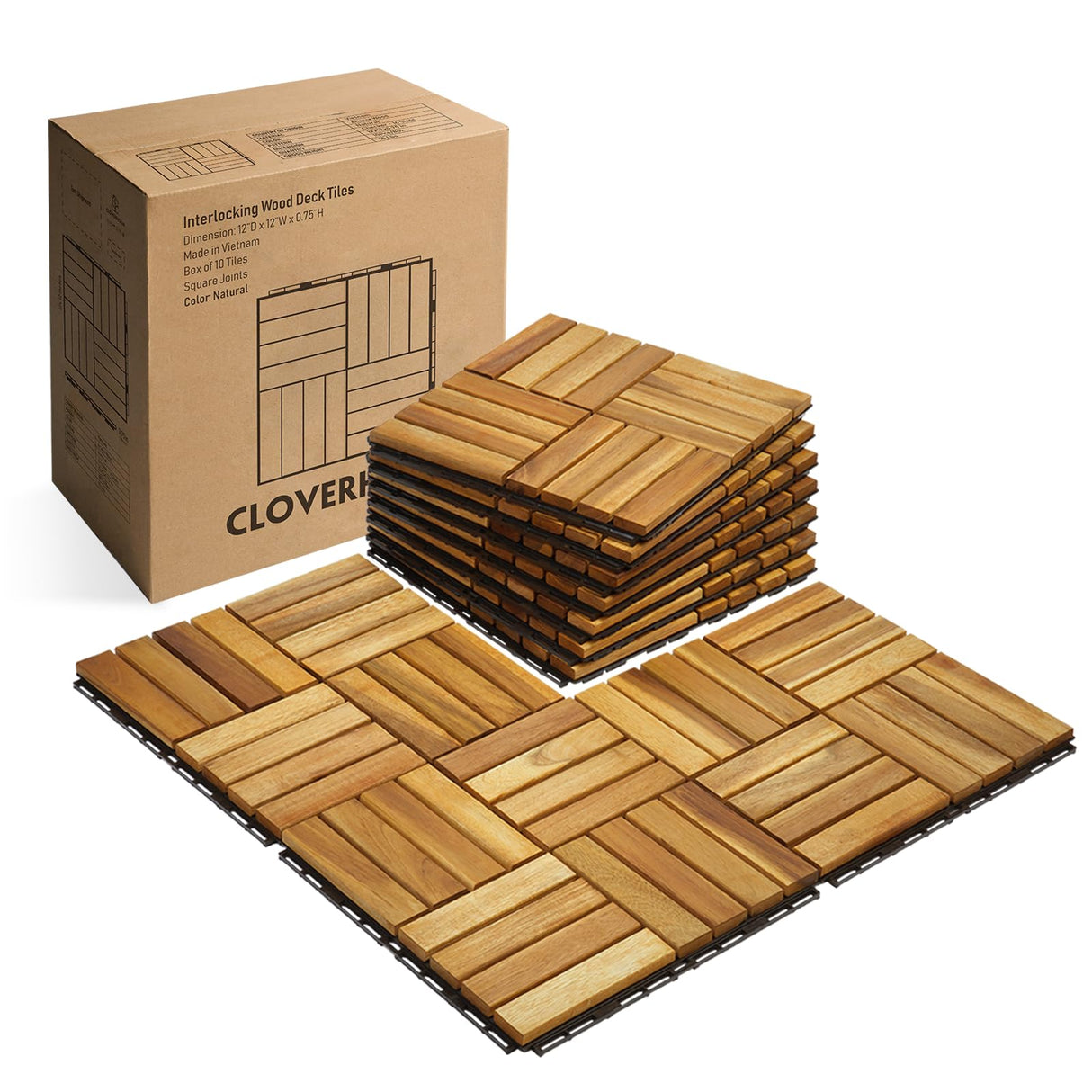 CLOVERHOLM 10 PCs Interlocking Deck Tiles, 12x12x0.75 inches Waterproof Wood Patio Floor Tiles for Indoor and Outdoor, Easy Snap Flooring, Balcony, Backyard, Square Joints, Natural CLOVERHOLM
