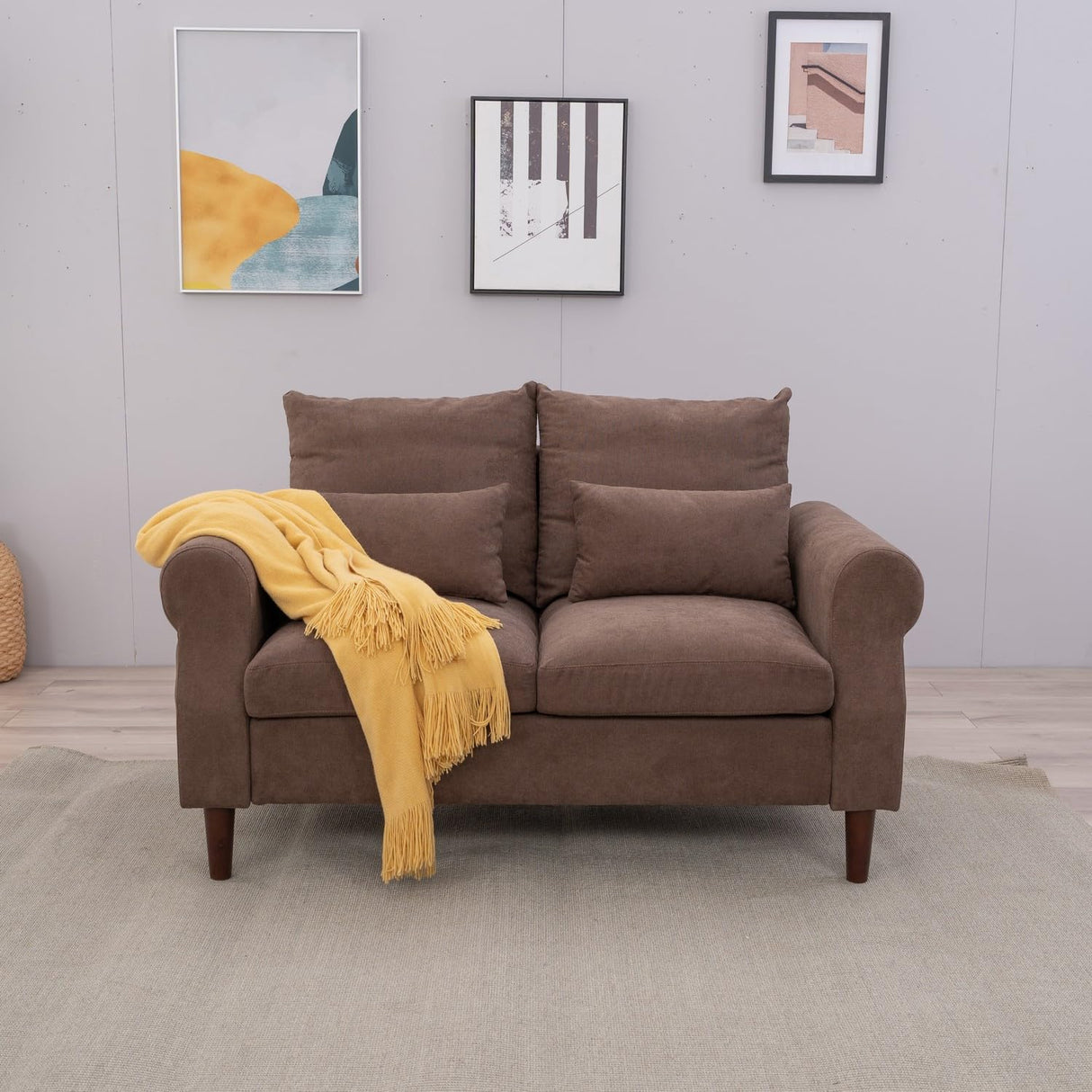 Panana Modern Sofa 54.5" Loveseat Couch with Cushion Back and Arms, 2 Seater Sold Wood Legs Sofa (Brown Linen, Rolled arm) Panana