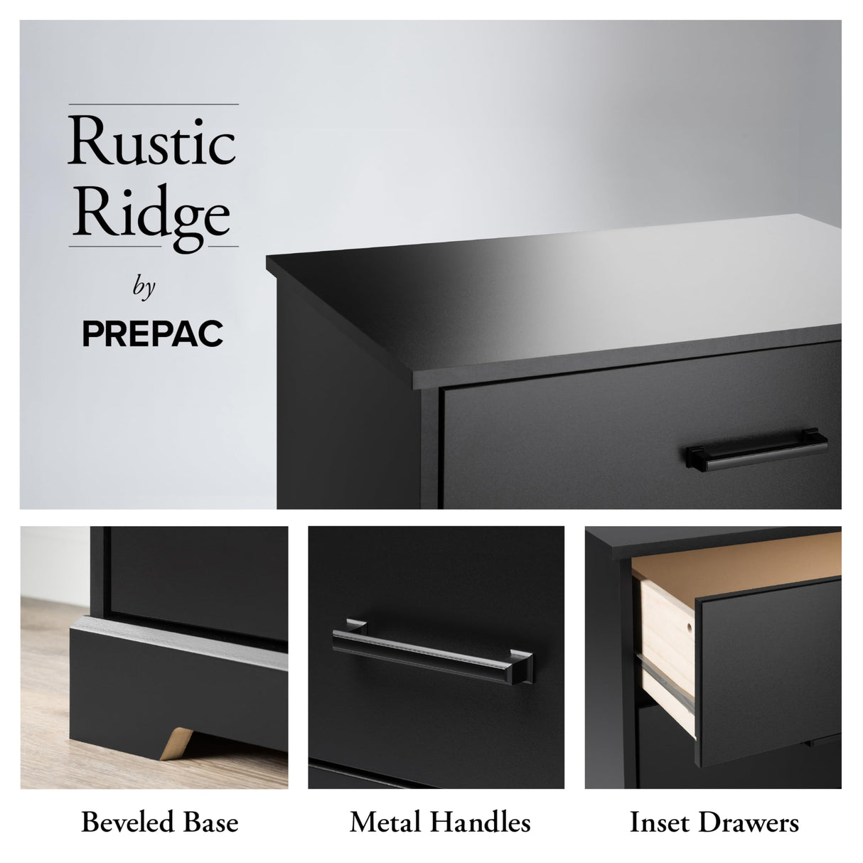Prepac 2 Drawer Nightstand, 16.25in x 18.75in x 24.5in, Rustic Black Prepac