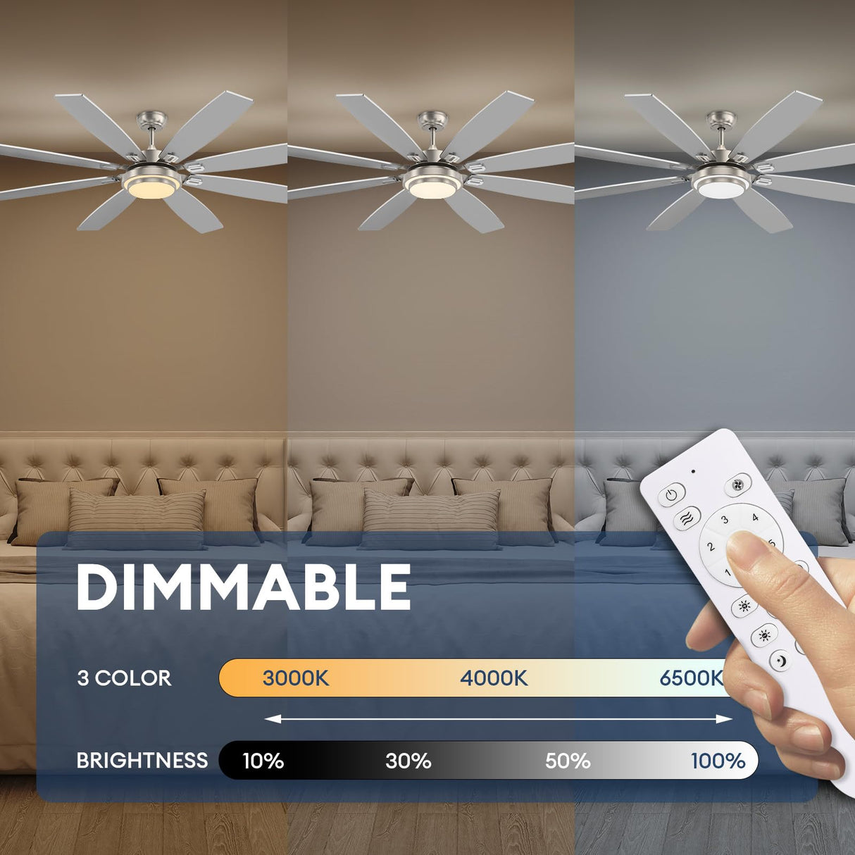 SNZ 72 Inch Large Ceiling Fans with Lights and Remote, Nickel Ceiling Fan with Quiet Reversible DC Motor, 3 CCT Dimmable LED, Modern 8 Blades Fan for Living Room, Patio, Indoor and Outdoor SNZ