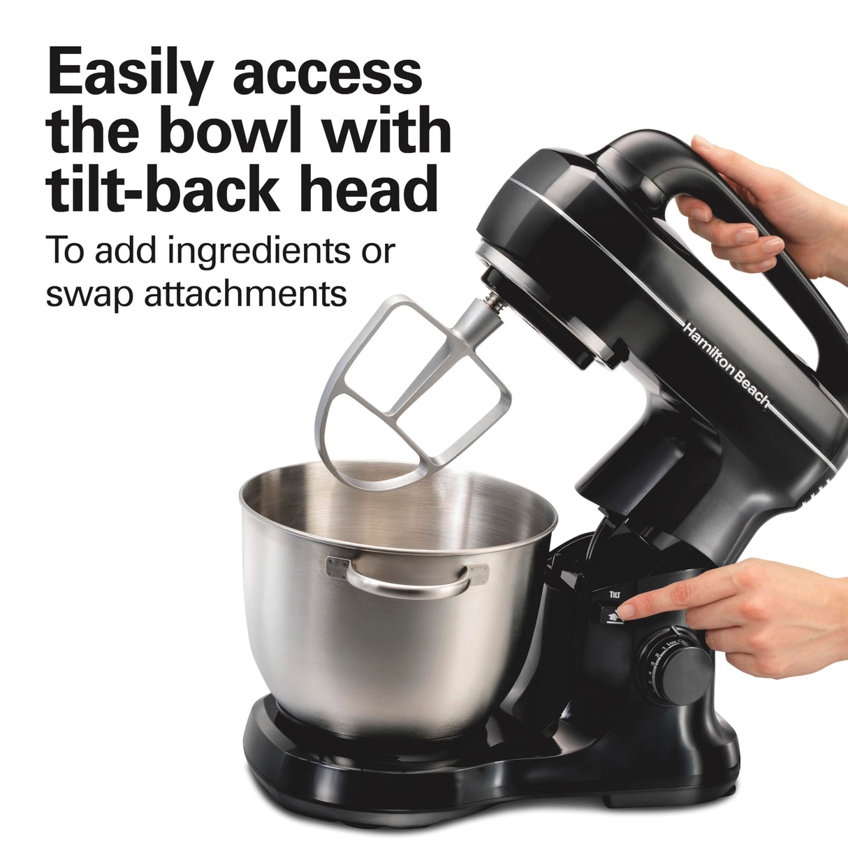 Hamilton Beach Electric Stand Mixer, 4 Quarts, Dough Hook, Flat Beater Attachments, Splash Guard 7 Speeds with Whisk, Black with Top Handle Hamilton Beach