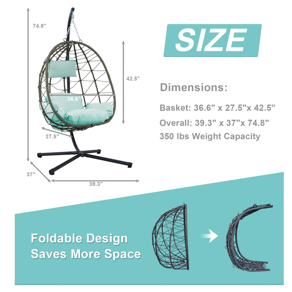 Egg Chair Indoor Outdoor, Foldable Hanging Egg Chair with Stand, Patio Swing Egg Chairs, UV Resistant Removable &Washable Thicken Padded Cushions, 350LBS Capacity for Bedroom, Balcony Blue HiDSLiving
