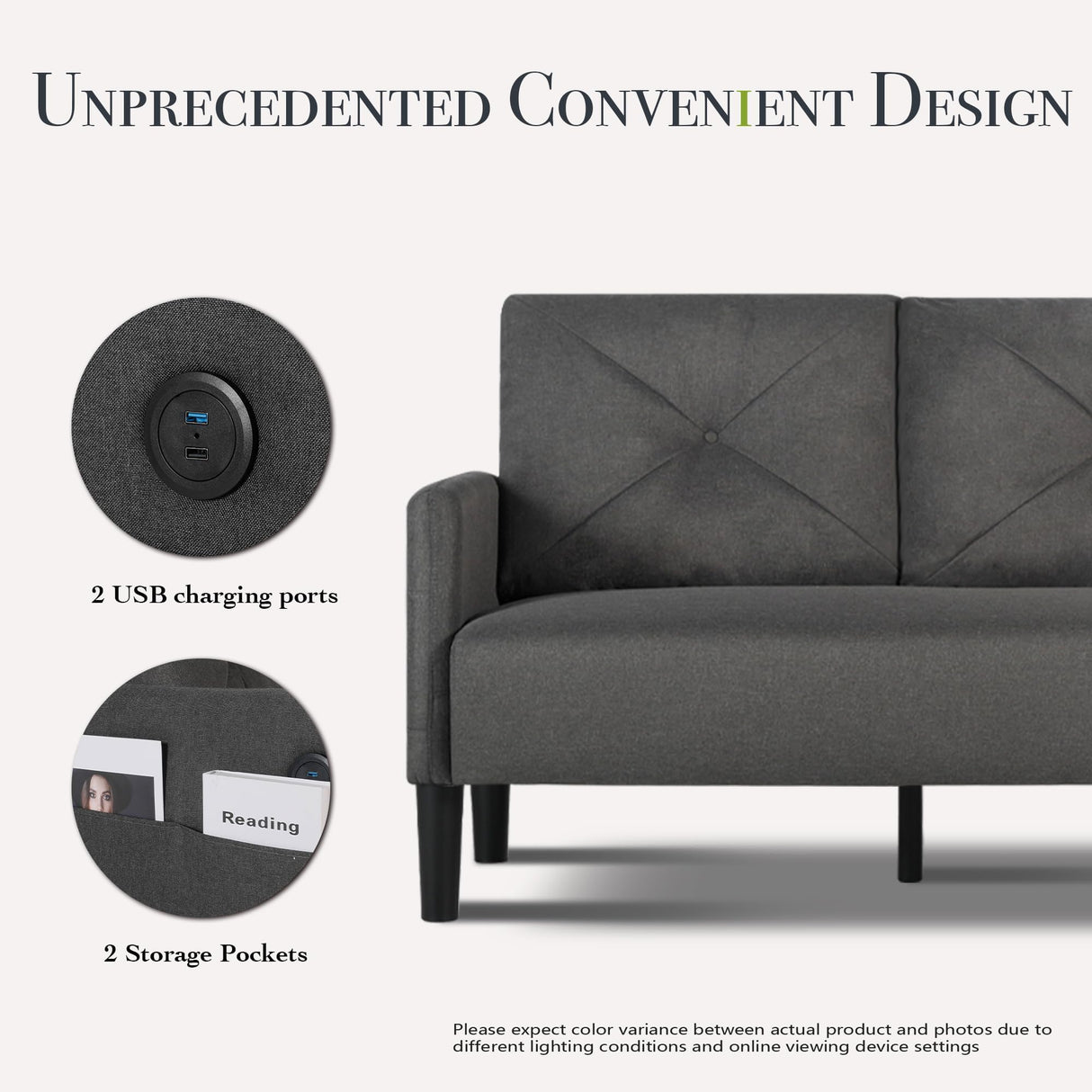 CHYMSUN 56" W Loveseat Sofa, Mid Century Modern Sofa Couch w/ 2 USB & Side Pocket, Small Love Seat Sofas for Living Room, Tufted Couches for Small Spaces, Bedroom, Office, Apartment (1, Dark Grey) CHYMSUN