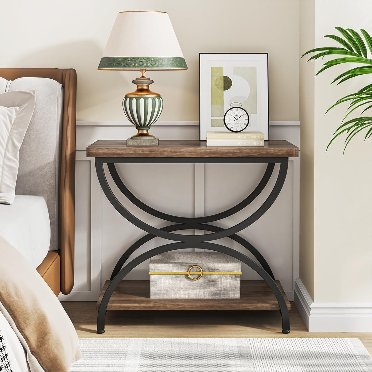 Tribesigns 2-Tier End Side Table with Stylish Metal Frame, Vintage Rectangular Bedside Nightstand for Bedroom, Wood and Metal Chair Side Tables Living Room (1, Brown Grey+Black) Tribesigns