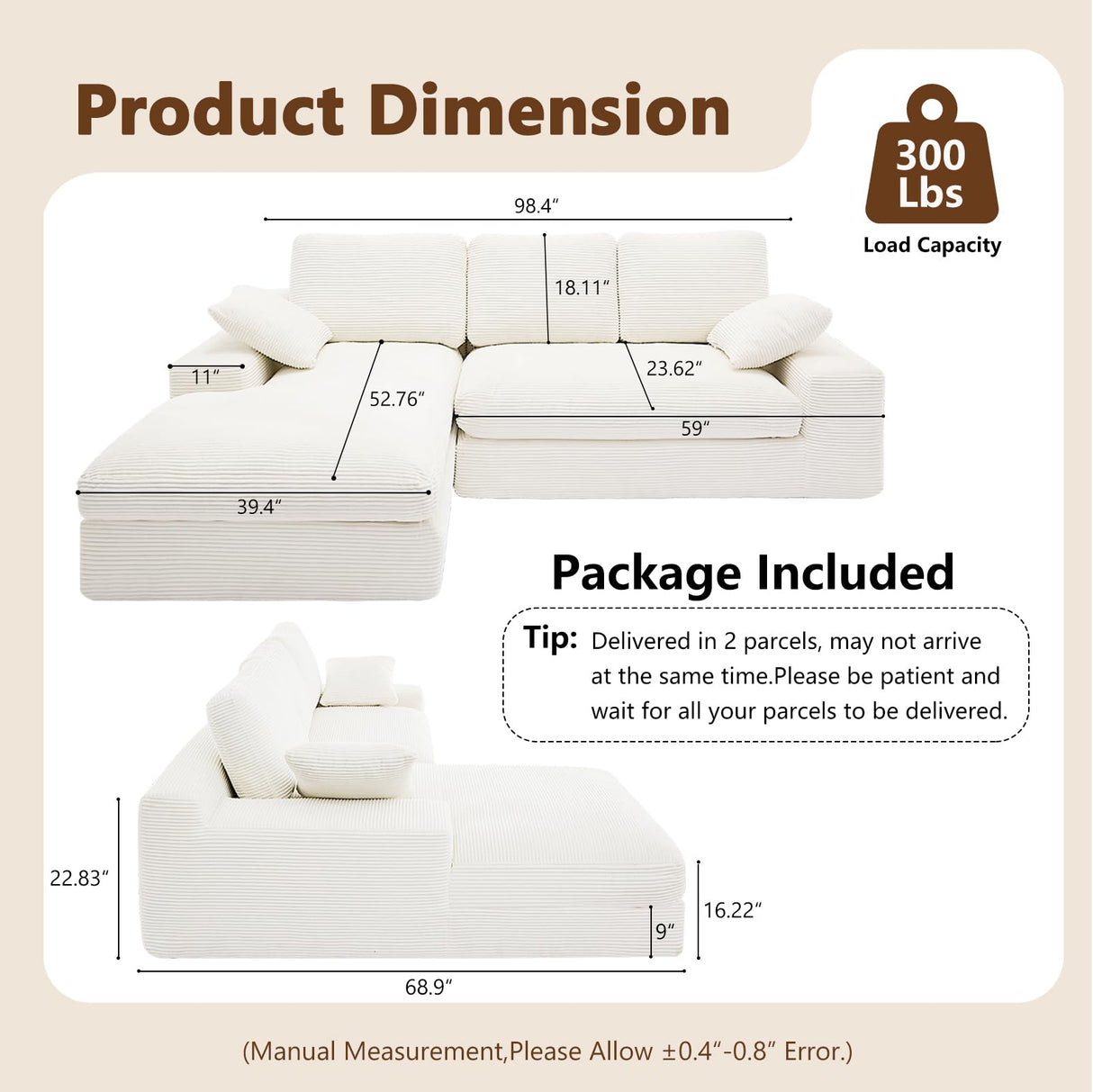 98.4" Cloud Modular Sectional Couch with Chaise,L-Shaped Modern Upholstered Sofa with Deep Seat,Corduroy Sectional Couches for Living Room and Bedroom,No Assembly Required(Beige) XSZD