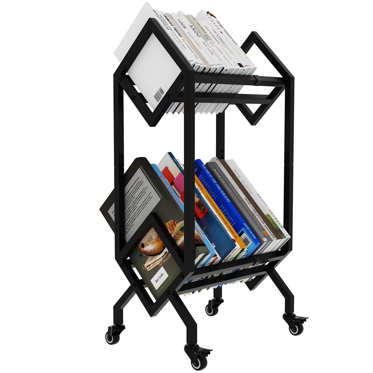 VEDECASA Bookshelf Book Rack Industrial Metal Bookcase 2 Tier Holder with Wheels Modern Stylish Design Magazines Files Album Recipe Book Storage Organizer for Sofa End Bed Beside VEDECASA