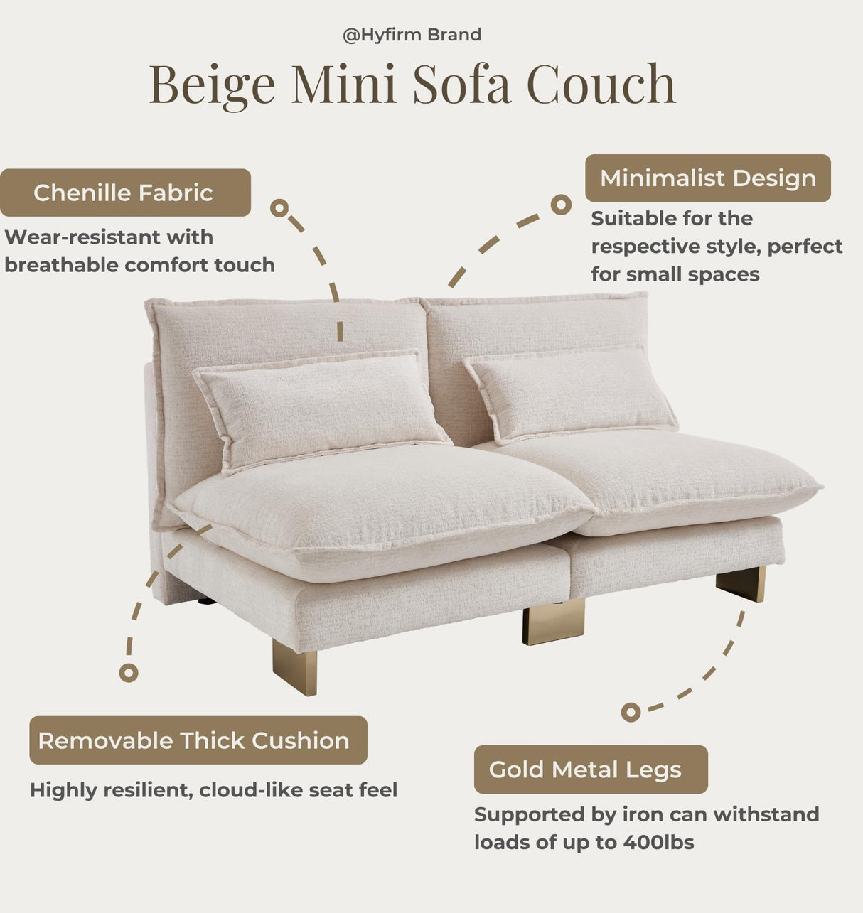 Hyfirm Small Modular Sofa Armless Loveseat, Modern 2-Seats Mini Sofa Couch with Pillows Convertible Love Seat with Gold Legs for Small Spaces Living Room, Beige Chenille Hyfirm