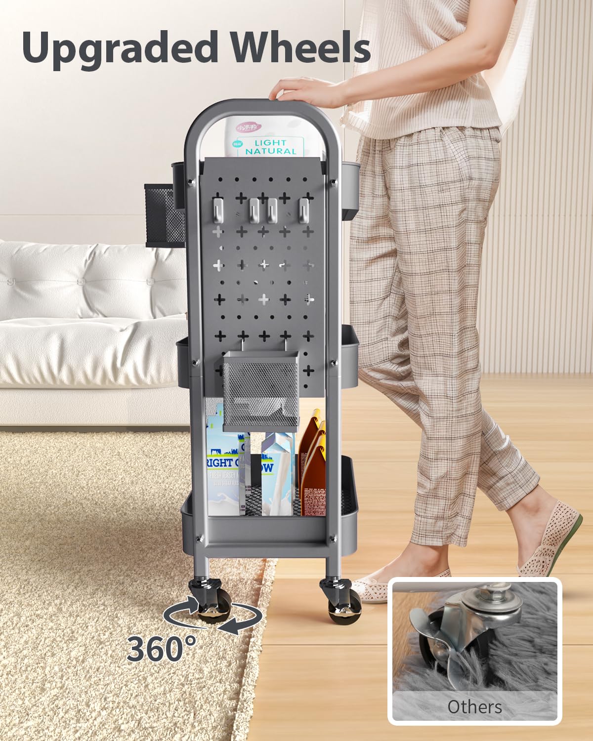 ALVOROG 3 Tier Rolling Cart with DIY Pegboards Metal Utility Cart with Wheels Handles Baskets Hooks, Storage Cart for Office Kitchen Bathroom(Gray) ALVOROG