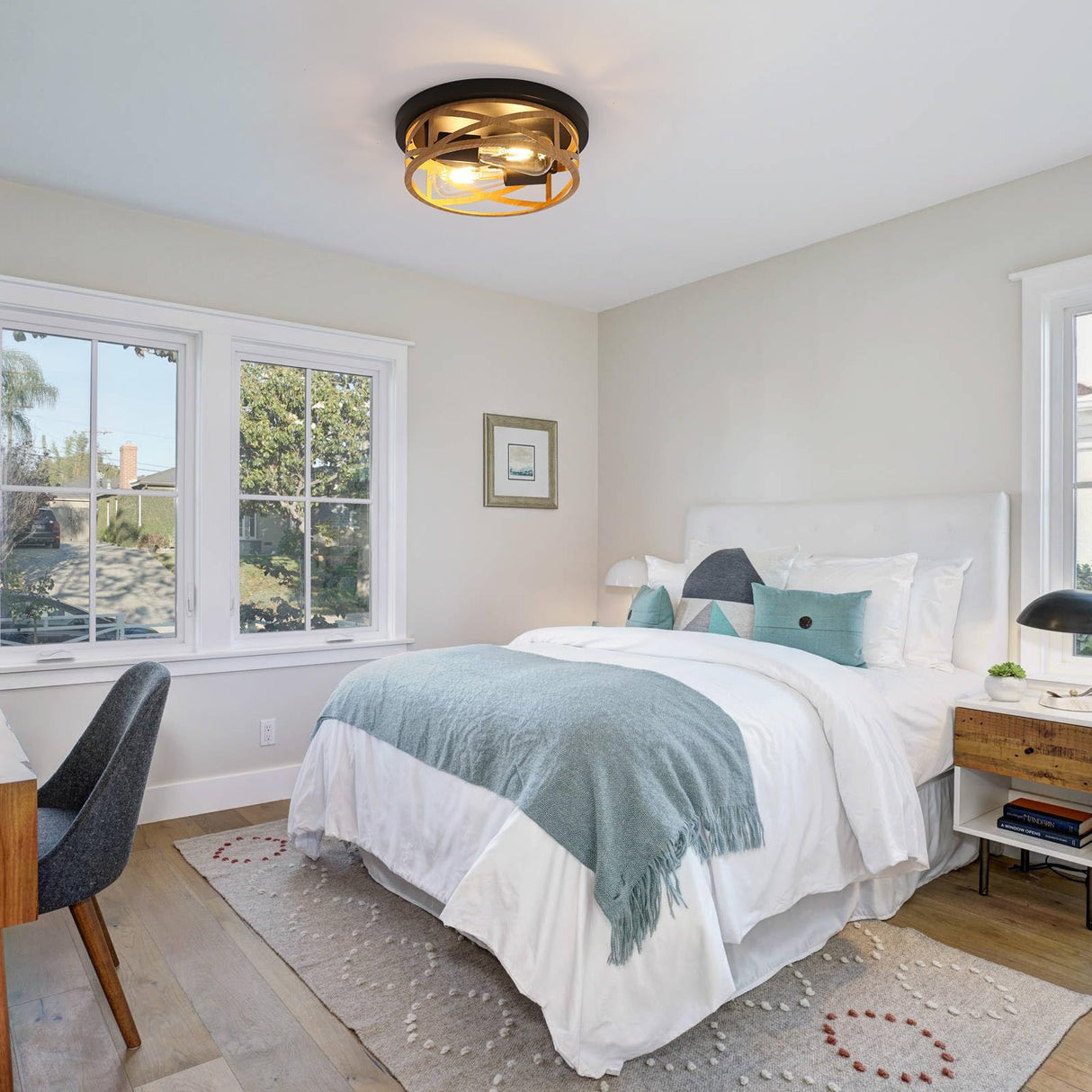 2 Pack Close to Ceiling Light Fixtures, 2-Light Indoor House Flush Mount Ceiling Light, 11 Inch Metal Cage Cross Wood Finish Farmhouse Ceiling Lights for Kitchen Hallway Bedroom DOXVIEZE