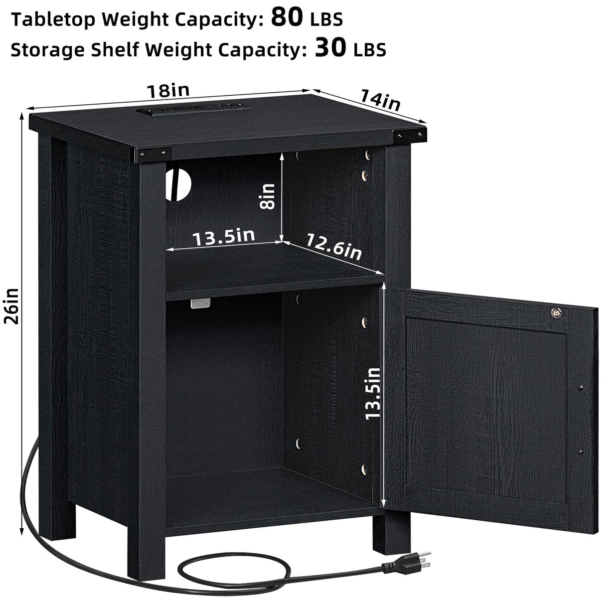 Joaxswe Night Stand, 18 Inch Farmhouse Nightstand with with Charging Station and USB Port, Rustic Couch End Table with Magnetic Door, Wood Bed Side Tables for Bedroom, Home, Black Joaxswe