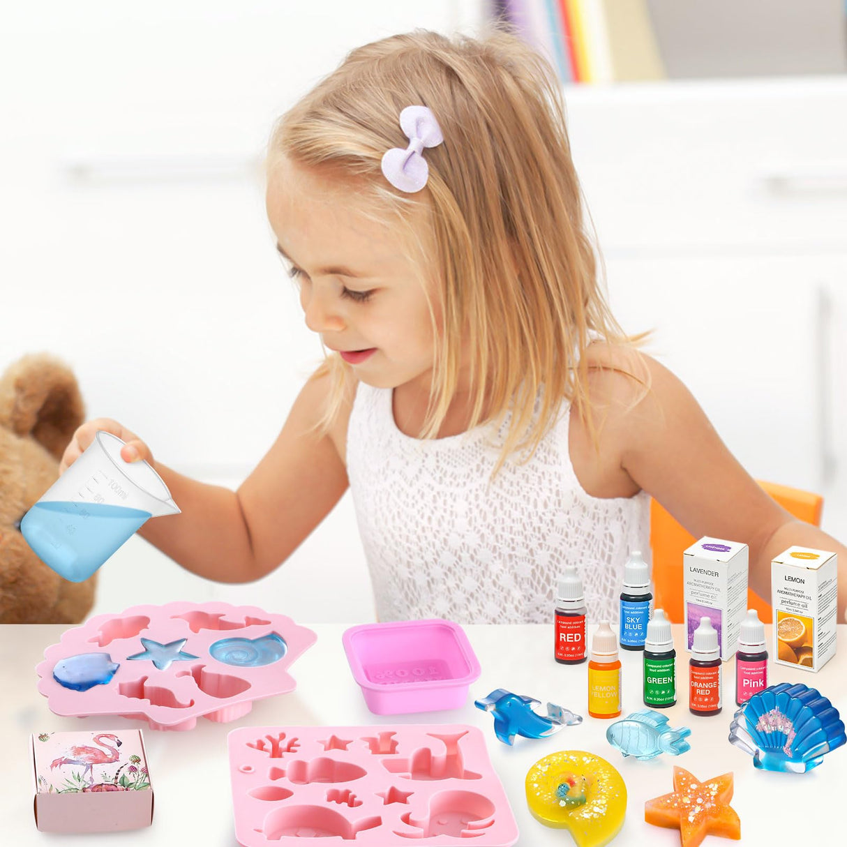 Golray Mermaid Soap Making Craft Kit Kids Toy, 18 Model, 6 Ink, 2 Essential Oil Supply, Art and Craft for Kid Girl Age 8-12 Year Old Ocean Animal Toy Birthday Gift, DIY Science Kits (Create 16+pcs) Golray