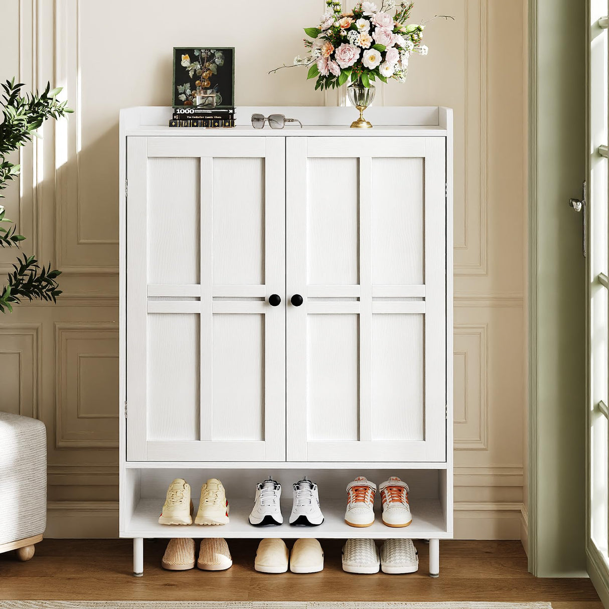 ComfyCorner White 7+1 Tier Farmhouse Shoe Storage Cabinet - 45" Tall Entryway Organizer with Cross Molding Doors, 3 Adjustable Shelves & Metal Legs, Shoe Rack for Front Door Entrance ComfyCorner
