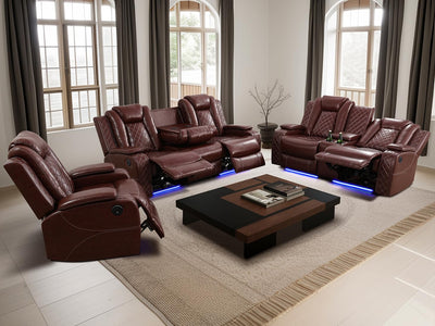 Dekmxas Living Room Set Brown Breathing Leather Sofa Living Room Furniture Set Power Recliner Manual Sofa,Loveseat and Chair with Cup Holders/Storage Console/LED Light for Living Room