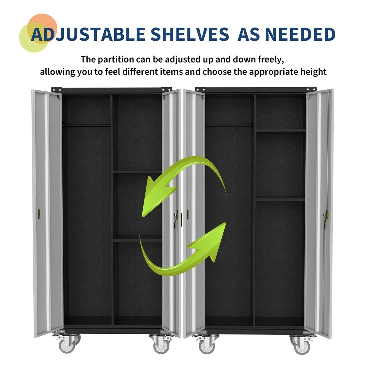 GarveeHome Metal Storage Cabinet 71 in Metal Wardrobe Cabinet on Wheels with Locking Doors Tall Garage with Hanging Rod, Broom Closet, Freestanding Bathroom Storage Cabinet, Cleaning Tool GarveeHome