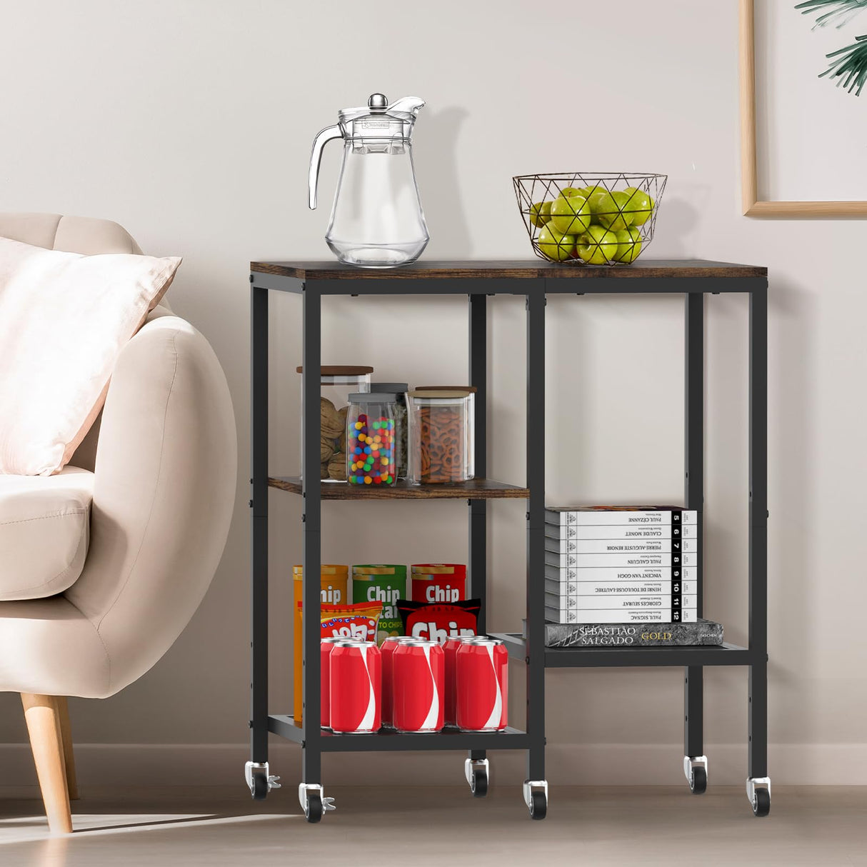 Kitchen Microwave Cart with Wheels,Coffee Bar Table Station,4-Tier Rolling Baker's Oven Rack,Small Appliance Storage Shelf,Utility Trolley Side Table for Kitchen,Office, Living Room (Rustic Brown) OGEMXU