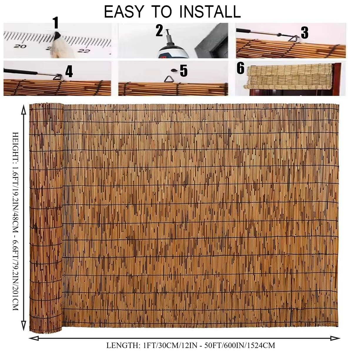 Bamboo Fence Rolls 1-8 Feet High X 1-50feet Length Bamboo Privacy Screen Prevent Leaves Falling Off Decorative Fencing for Outdoor Garden Natural Bamboo Fencing Roll for Balcony Window Indoor Outdoor WoodArtSupply