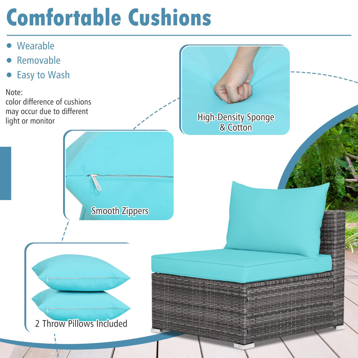 Tangkula 7 Pieces Patio Furniture Set, Patiojoy All-Weather Outdoor Rattan Sectional Sofa Set with Cushions and Tempered Glass Coffee Table, for Garden, Lawn, Backyard (Turquoise) Tangkula
