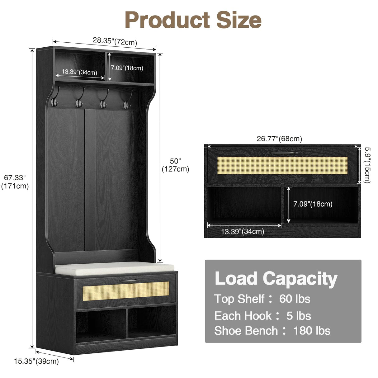 Anmytek Hall Tree with Bench and Shoe Storage, Farmhouse Entryway Bench with Coat Rack, 6 Compartments & 4 Hooks & Rattan Door, Shoe Storage Bench with Soft Cushion for Hallway, Living Room, Black Anmytek