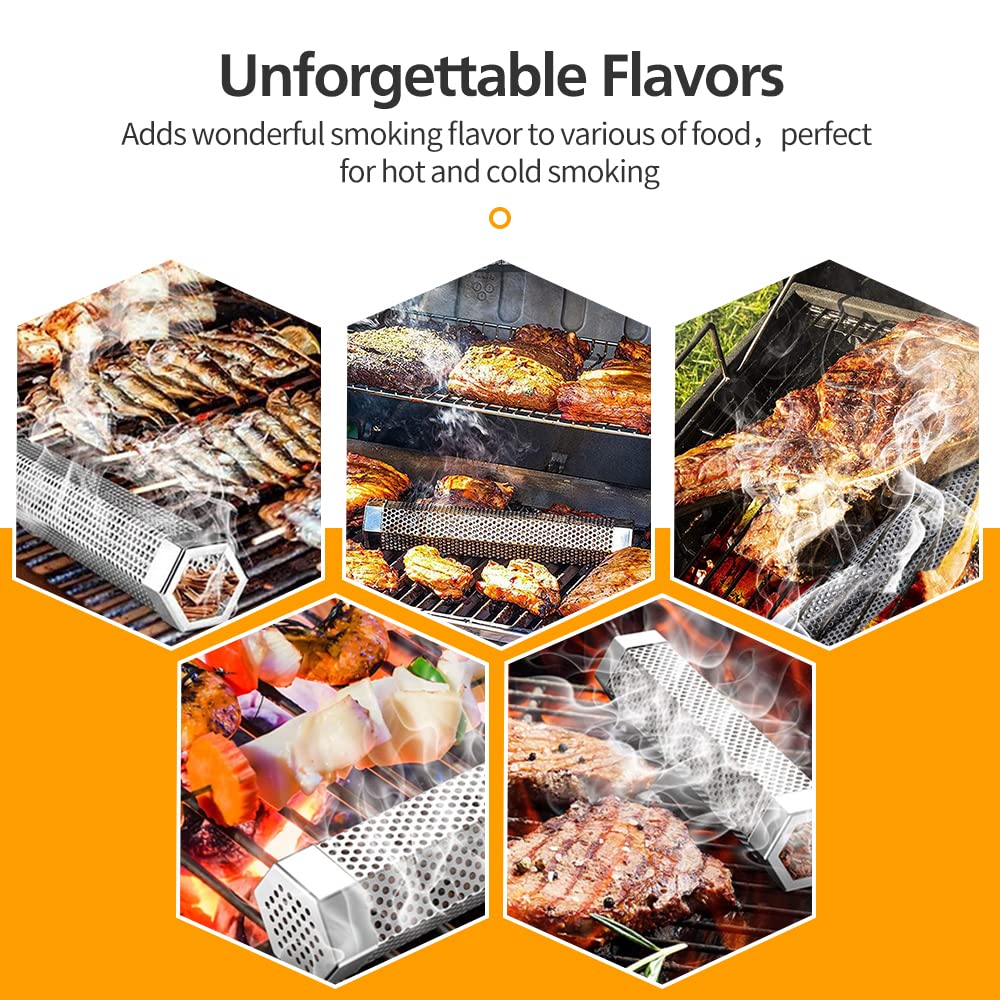 Pellet Smoker Tube Set, 6" & 12" Stainless Steel BBQ Wood Smoker Tube with Brush and 2 Hooks for 2.5hrs/5hrs of Billowing Cold/Hot Smoking for All Grills or Smokers, Smoking Cheese Beef Nuts Fish LFSEMINI