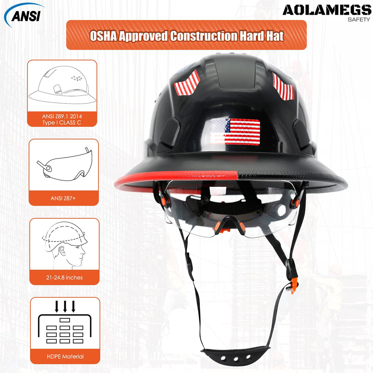 Aolamegs Safe Full Brim Hard Hats Construction OSHA Approved With Clear Visor - ANSI Z89.1 Vented Black Hard Hat With Chin Strap Reflective Cascos De Construccion Safety Helmet for Men 6-Pt Suspension Aolamegs Safe