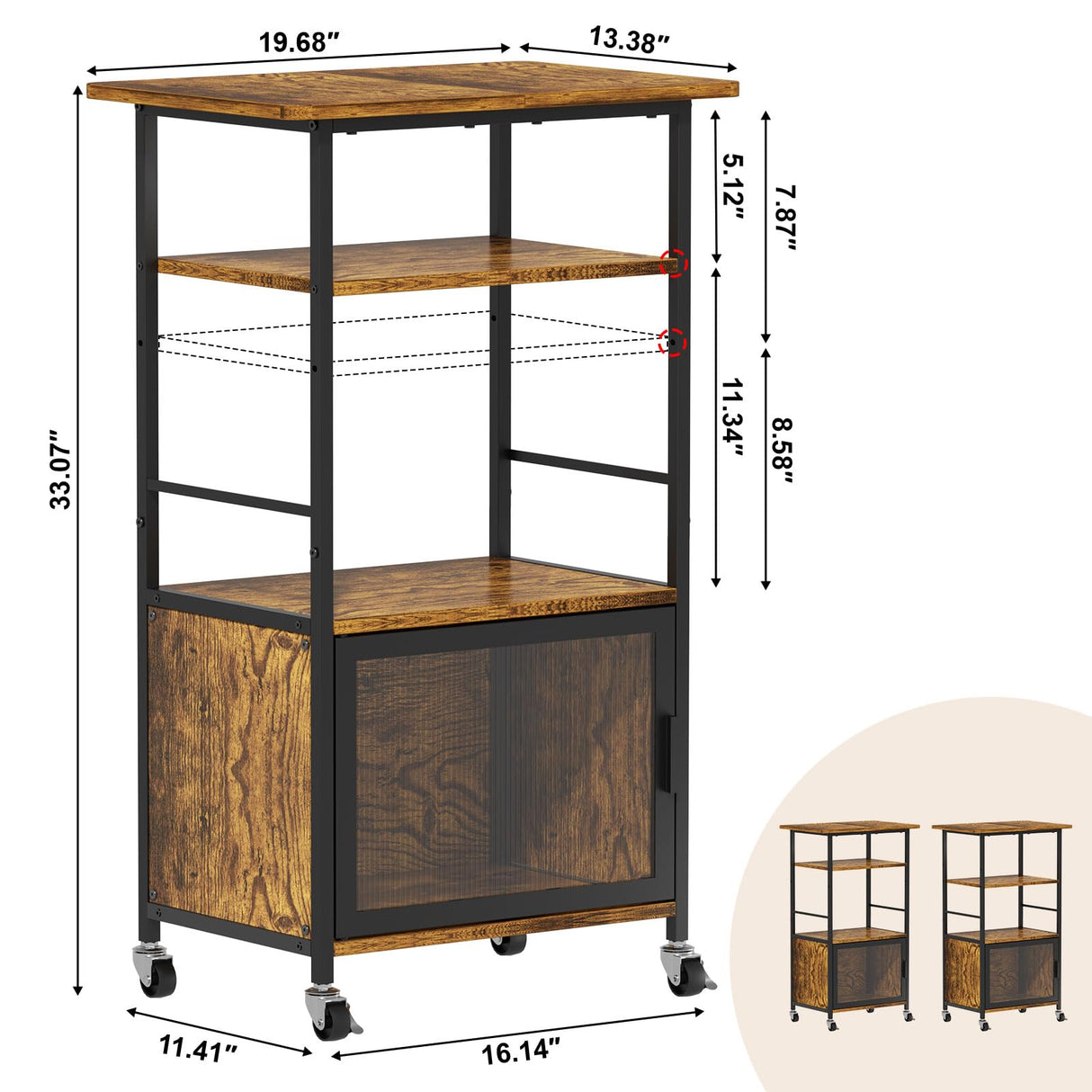 Bliesosfud Kitchen Microwave Cart with Single Door Cabinet,4 Tier Rolling Microwave Stand with Storage,Small Kitchen Island with Adjustable Shelf, Kitchen Coffee Cart Rack for Living Dining Room Bliesosfud