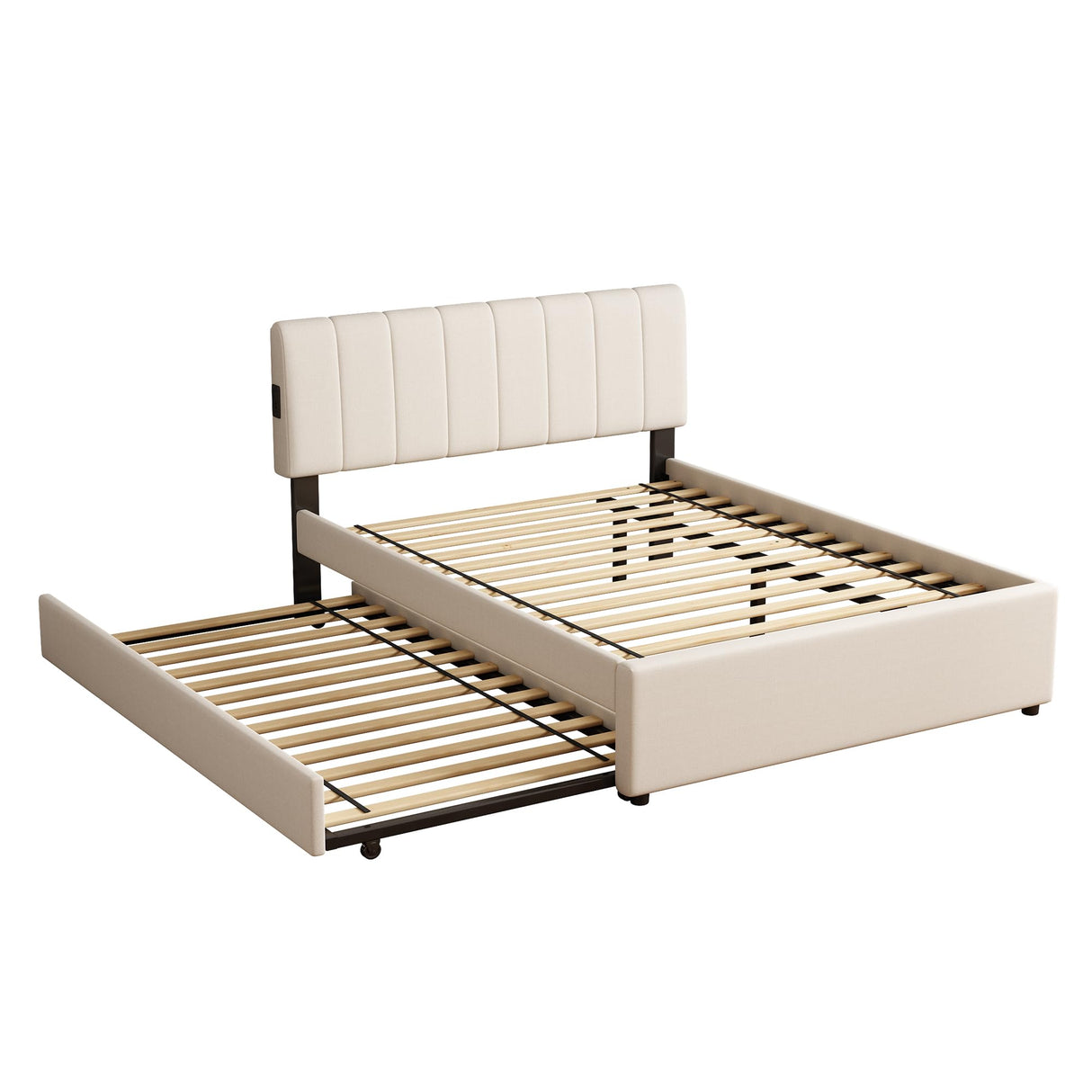 FAVSH Full Size Upholstered Platform Bed with Trundle and 1 Sets of USB, Chenille Fabric Solid Wood Bedframe w/Wood Slats & LED Lights with APP for Bedroom,Beige FAVSH