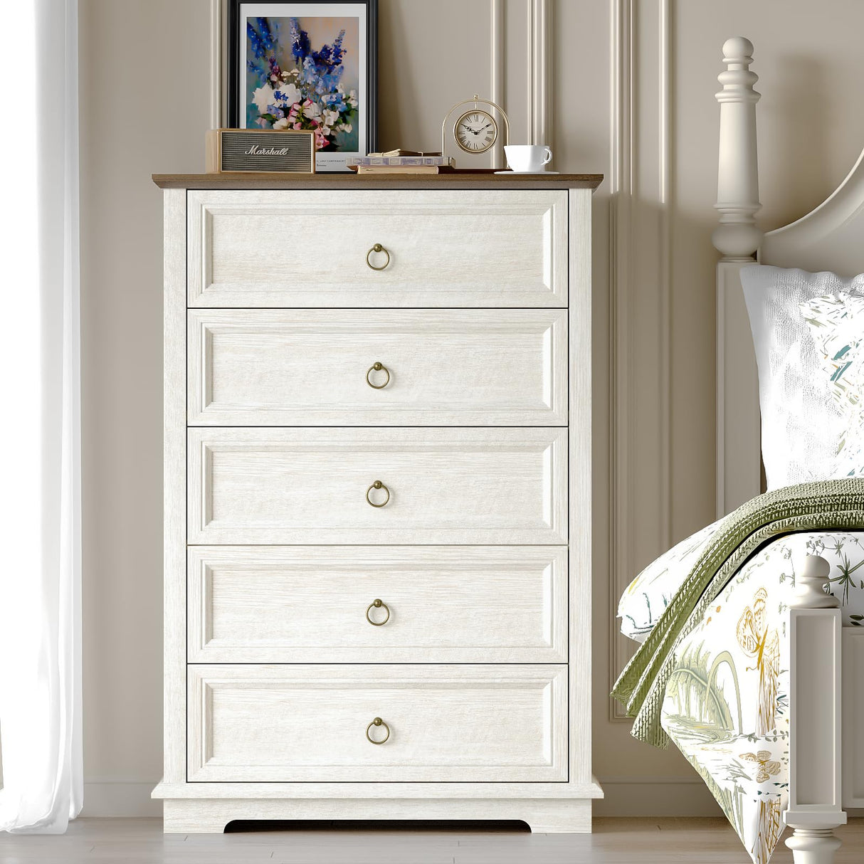 REDAYFUR Chest of Drawers, Double Anti-tip, 5 Drawers Dresser, Dresser Organizer for Bedroom, Living Room, Hallway, White REDAYFUR