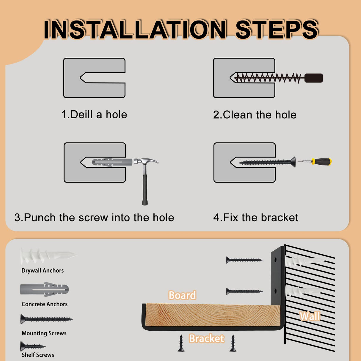 LuckIn 10 Inch Wall Shelf Brackets (Fit 9.25" Board) 4-Pack, Heavy Duty Black Iron, Garage, Kitchen, Bathroom Floating Shelf Hardware LuckIn