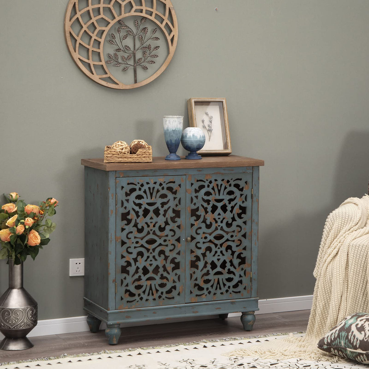 Sophia & William Accent Cabinet with Doors, Distressed Display Storage Cabinet with Wooden Frame and Hollow-Carved Floral Patterns for Entryway Living Room, Blue Sophia & William