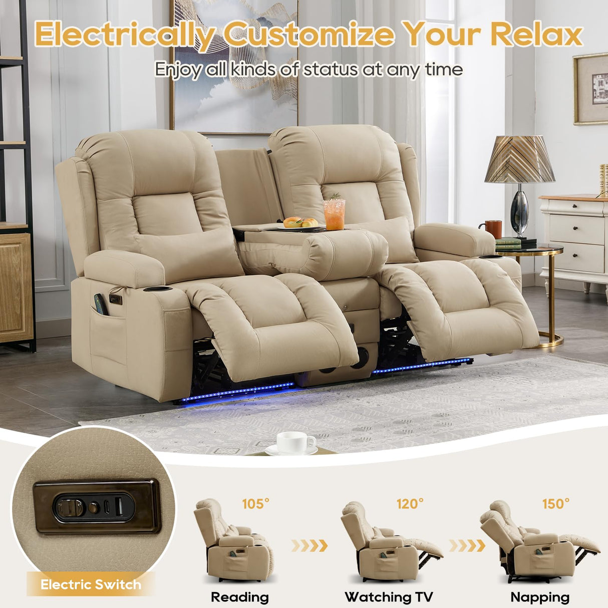 IPKIG Power Loveseat Recliner Sofa with Flip-Up Backrest Console, Drawer, AC Outlet, LED Light, Bluetooth Speakers, Wall Hugger Recliners for Living Room, RV, Home Theater (Beige, Loveseat) IPKIG