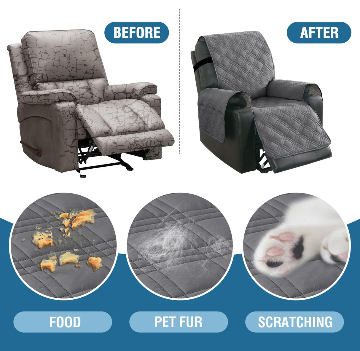 H.VERSAILTEX 100% Waterproof Recliner Chair Cover Nonslip Recliner Cover Stay in Place Electric Power Lift Recliner Slipcovers Fitted Standard Large Power Lift Recliner with Side Pocket,Grey/Beige H.VERSAILTEX