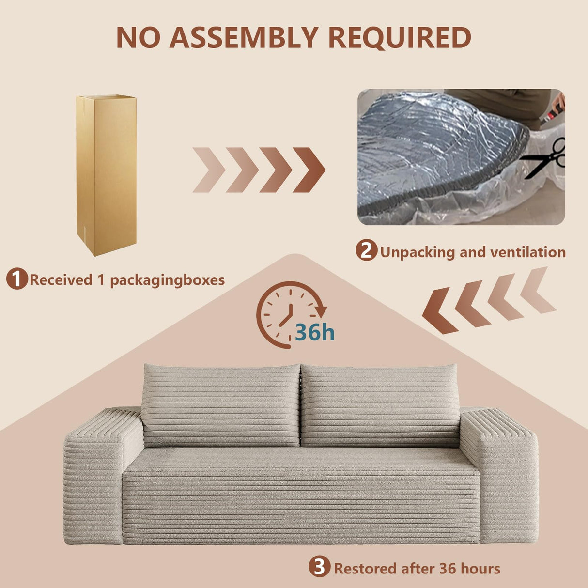 Modern Corduroy Loveseat Sofa,2-Seater Cloud Couch with Memory Foam and Furry Pillows,Deep Seat Small Sofa with Wide Armrests,No Assembly Couch in a Box for Bedroom,Small Space (Camel,63in) LUCKHAO