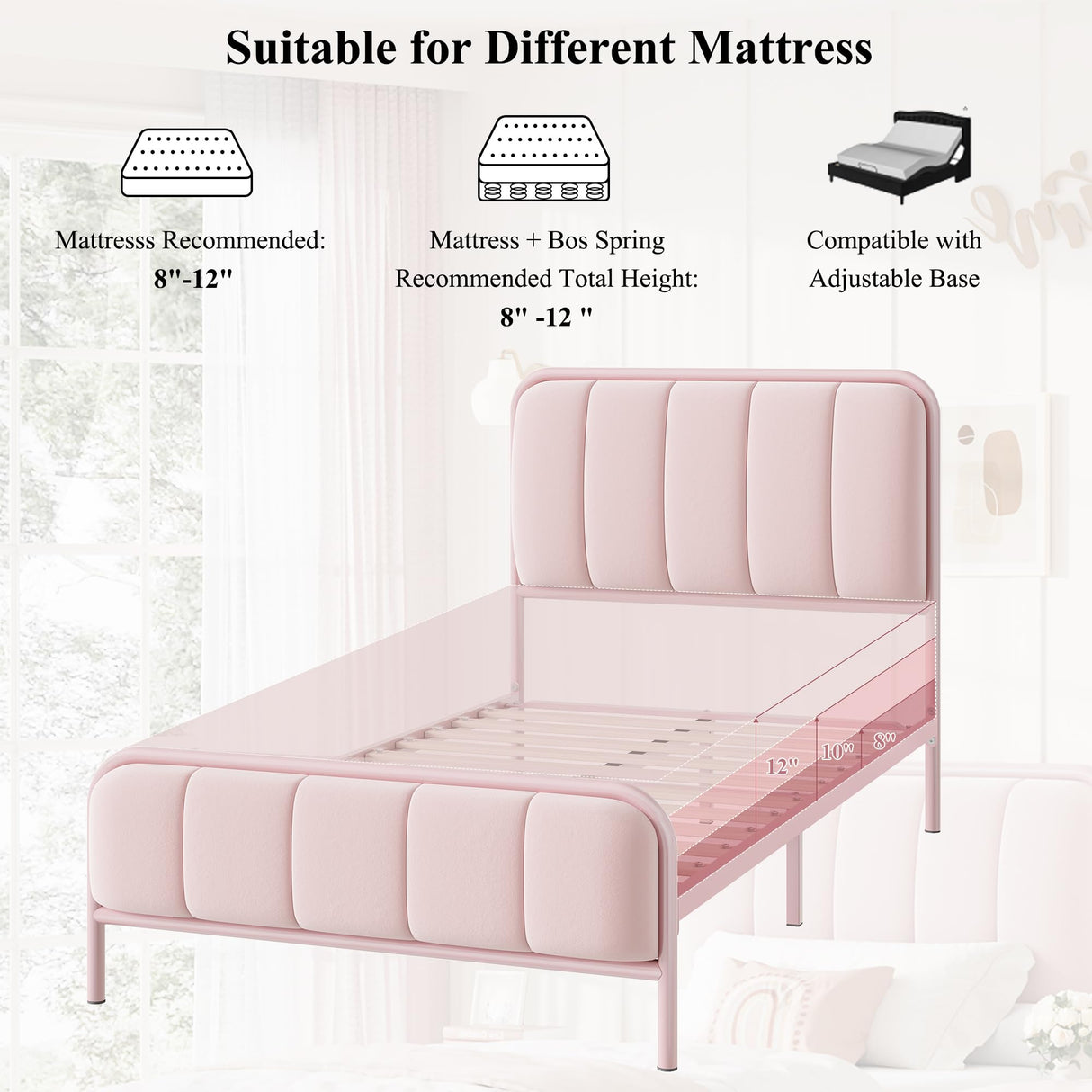 HITHOS Twin Size Bed Frame, Upholstered Pink Bed Frame with Button Tufted Headboard, Heavy Duty Metal Mattress Foundation with Wooden Slats, Easy Assembly, No Box Spring Needed (Pink, Twin) HITHOS