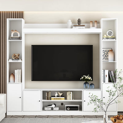 AIEGLE Minimalism Wall Unit TV Stand Set with Bridge for TVs up to 65", 81.1" TV Stand with Bookshelves, Entertainment Center Media Console Table with 4 Hidden Shelves & 8 Open Shelves, White