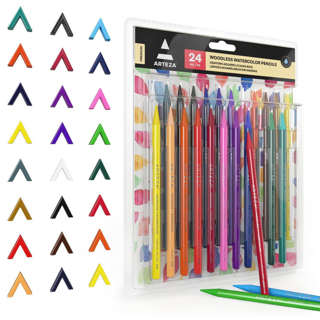 ARTEZA Woodless Watercolor Pencils, 24 Drawing Pencils, Colored Pencils Set for Adults, Art Supplies for Blending and Layering ARTEZA