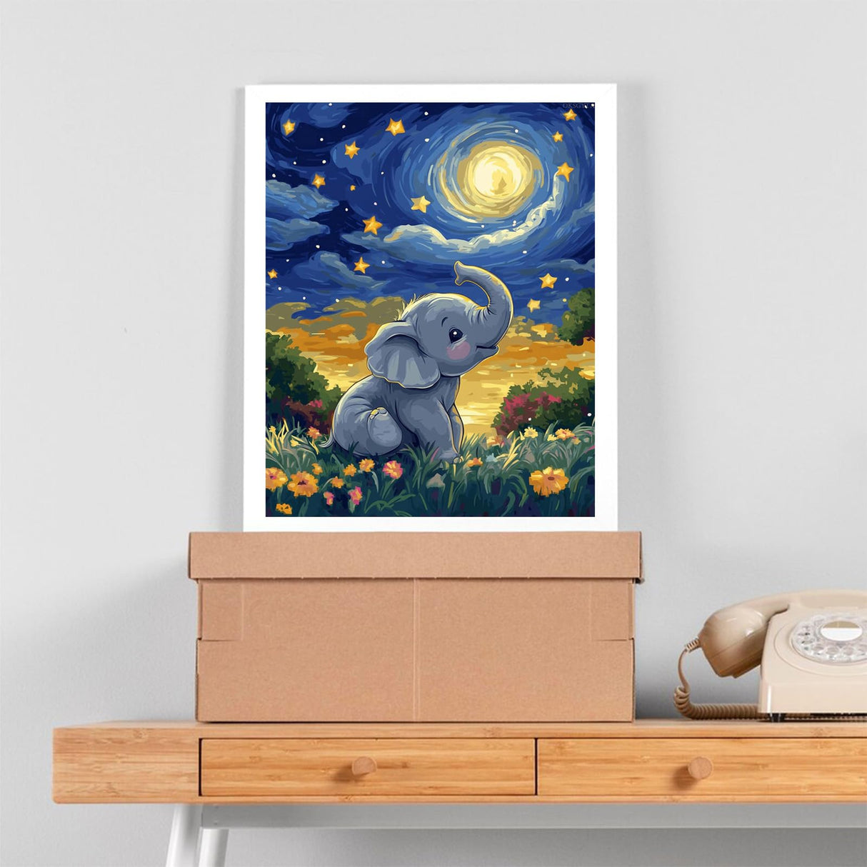 OKSGYTA Elephant Playing in Meadow Paint by Numbers Kit for Adults Beginner, Elephant at Night Paint by Numbers, Night Acrylic Oil Painting for Gift Home Decor (16x20inches, No Frame) OKSGYTA