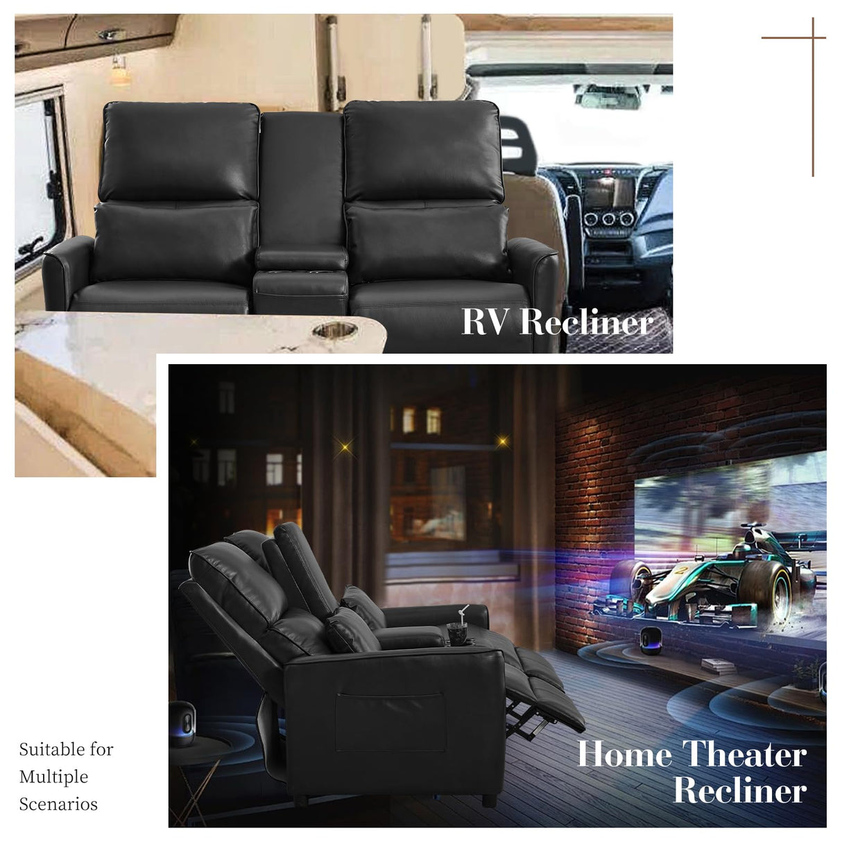 Loveseat Recliner Sofa, Push Back Double Wall Hugger Reclining Sofa Chair with Console, 2 Seat Leather Home Theater Seating with Cup Holder, Manual Comfy RV Furniture Sofa for Living Room, Light Black SENIFIS