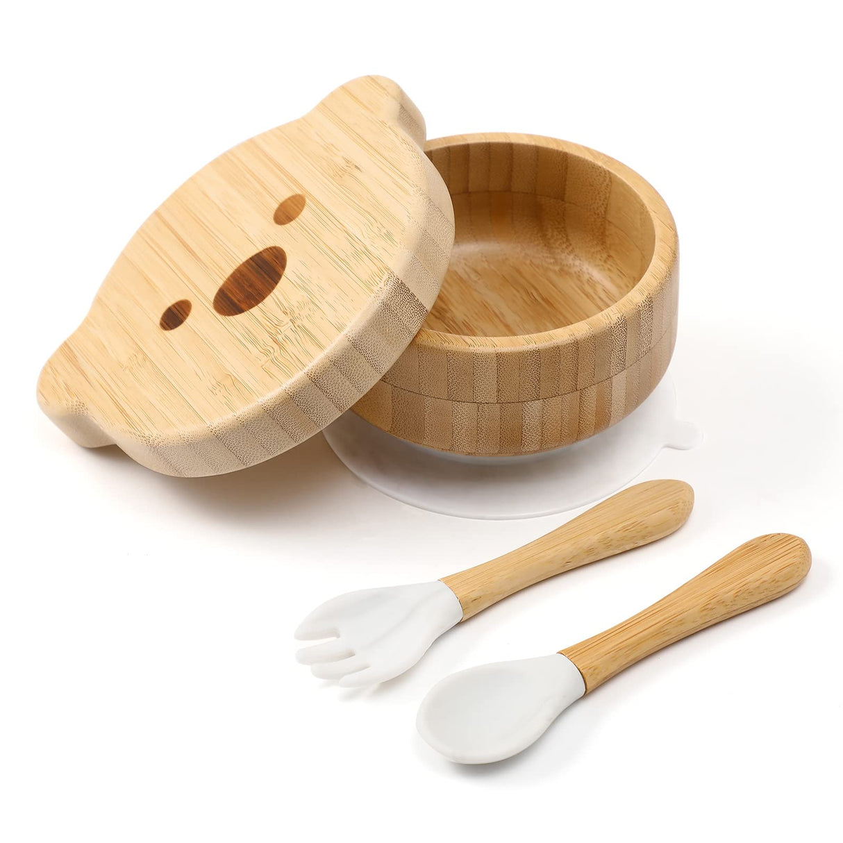 Baby Bowls with Lid,HBM Bamboo Suction Bowls for Baby and Spoon Set,3PC Feeding Supplies Set for Infant, Toddlers,Detachable Silicone Suction Stay Put Base for Wooden Bowl (Marble) HI BABY MONMENT
