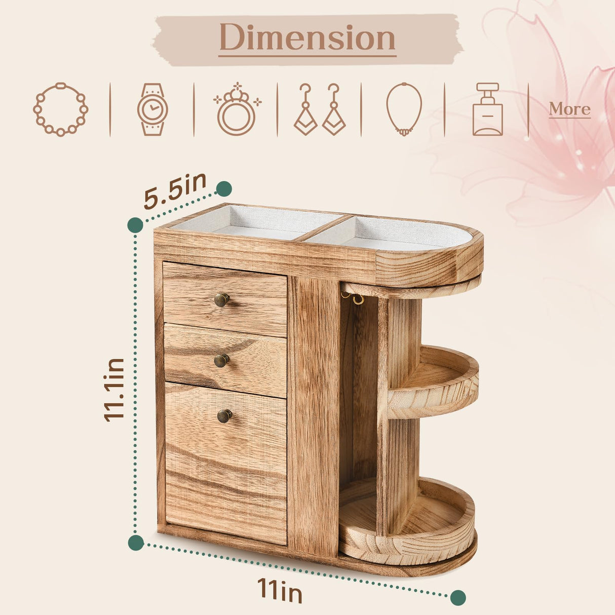 BNING Wood Jewelry Box, Solid Wooden Rotating Jewelry Box Organizer for Women, Gifts for Girls - 4 Layer Rustic Small Jewelry Organizer Box with 3 Drawers for Necklace Ring Earring Bracelet BNING